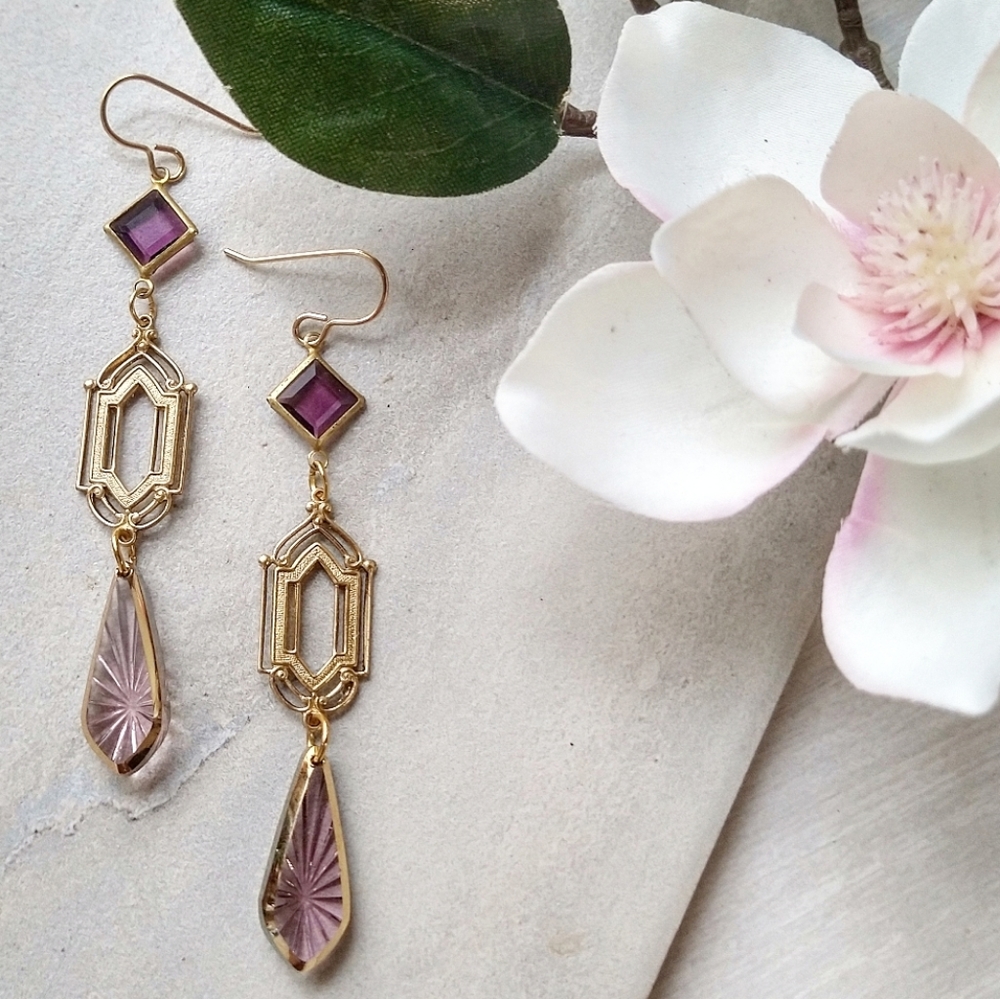 Vintage Swarovski Earrings Amethyst Purple Gold